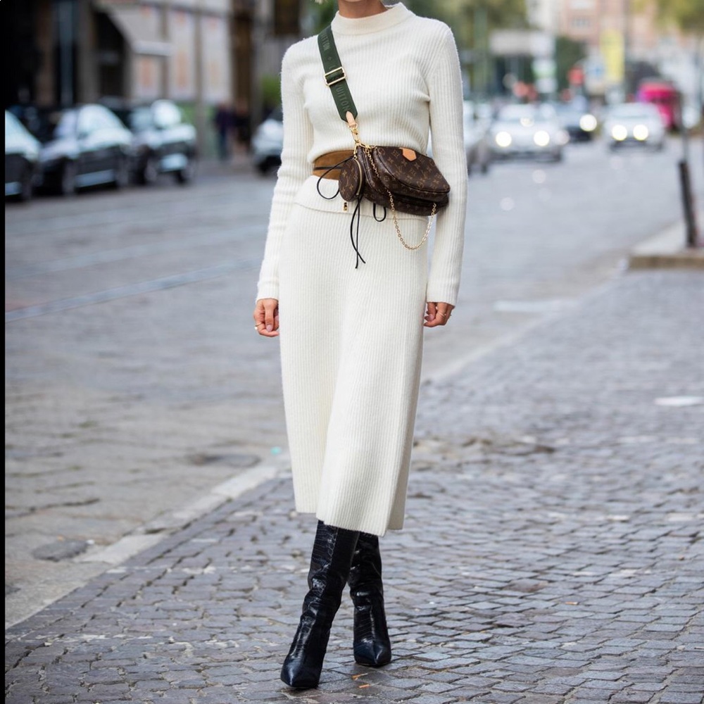 MAJE Cream Wool-Blend Midi Skirt and Sweater Set M